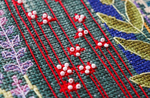 Close-up of embroidered fabric with red and white floral patterns on a green background.